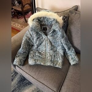 Girls' Faux Fur-Trim Leopard Print Puffer Jacket - White/Black